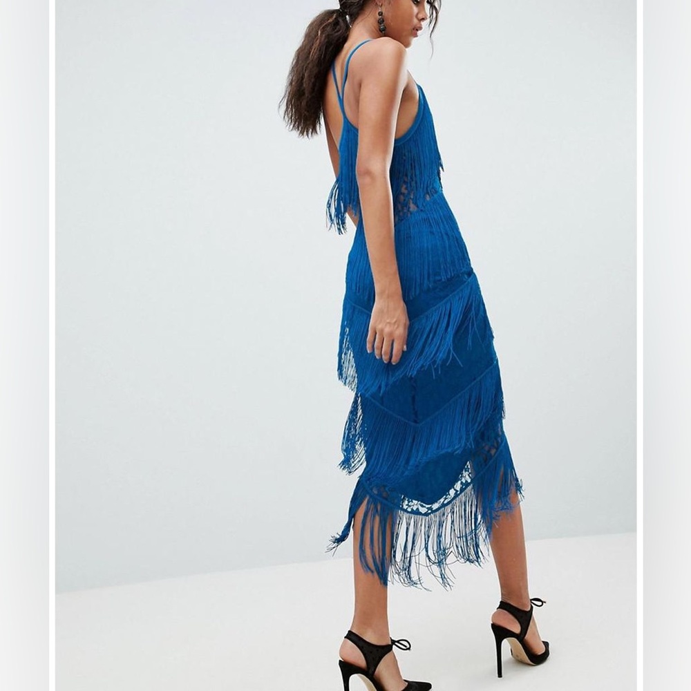 Blue fringe dress with lace underlay